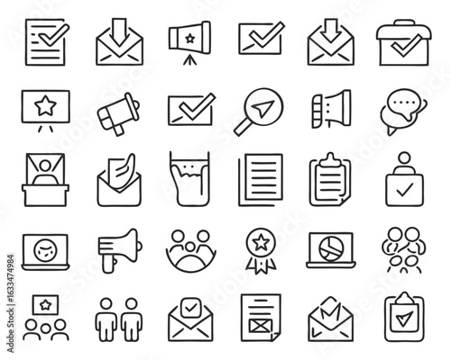 A comprehensive collection of voting themed symbols presented in both solid black and outline styles isolated on transparent background