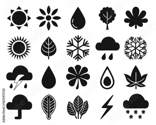 Comprehensive collection of weather and nature themed outline symbols representing seasonal changes and atmospheric conditions isolated on transparent background