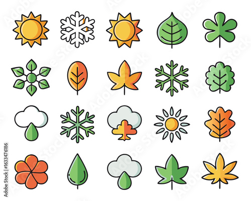 Comprehensive collection of weather and seasonal nature symbols presented in a clean outline graphic style isolated on transparent background