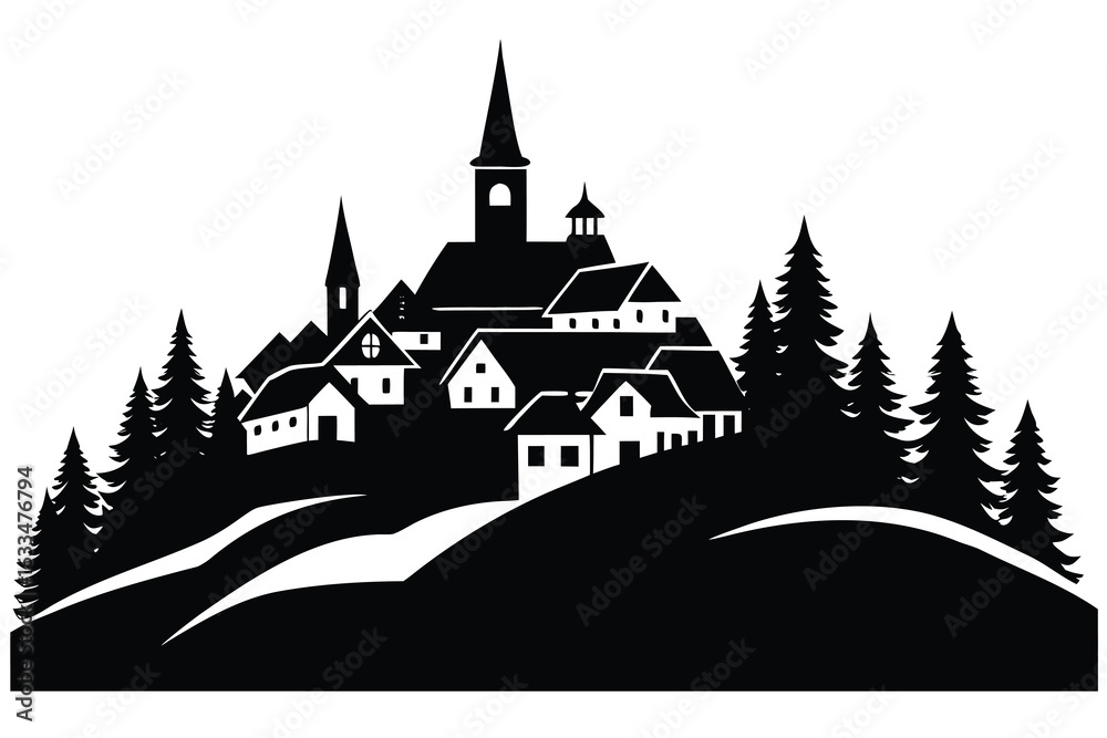 Fototapeta premium Silhouette Village with Church, Houses, and Pine Trees on Hill, Black and White