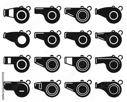 A collection of whistle graphics representing sports officiating and alerts isolated on transparent background