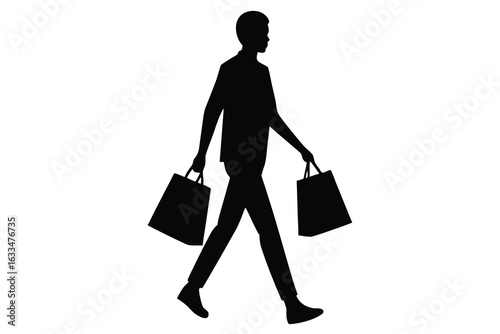 Silhouette of Walking Man Carrying Shopping Bags, Isolated on White Background
