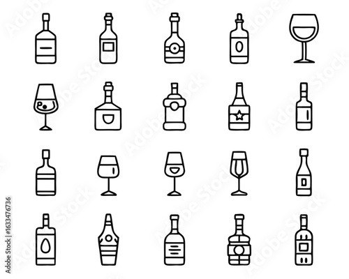 Collection of stylized wine bottles and drinking glasses featuring various designs and formats for beverage related projects isolated on transparent background