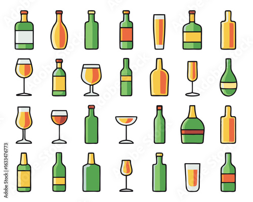 A comprehensive collection of stylized beverage containers and drinking vessels representing various alcoholic and non alcoholic drinks isolated on transparent background