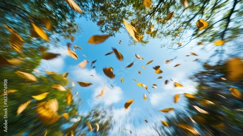 Golden leaves swirling in autumn breeze against a vibrant blue sky