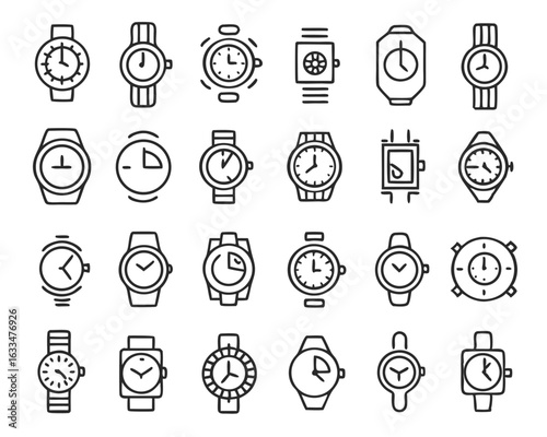 Collection of wristwatch handwatch and smartwatch icons featuring black yellow cyan and magenta color schemes isolated on transparent background
