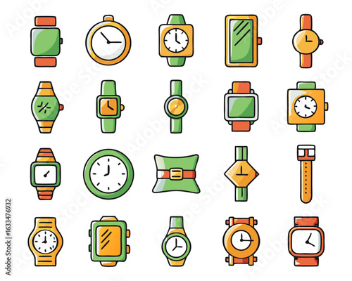 Collection of modern timekeeping devices including wristwatches handwatches and smartwatches presented as a stylized graphic icon set isolated on transparent background