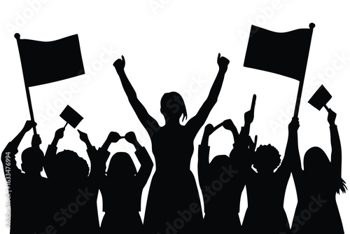 Silhouetted Crowd of People Protesting with Flags, Celebrating with Raised Hands in Victory