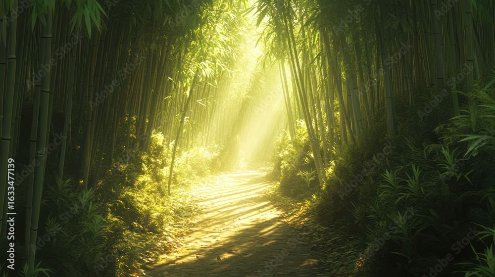 Fototapeta premium Sunlight streams through a dense bamboo forest, illuminating a path