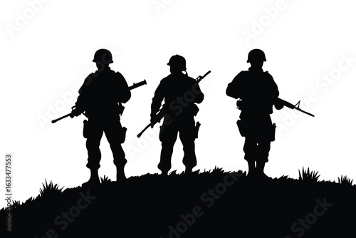 Silhouetted Soldiers Standing Guard on a Hilltop with Rifles in Black and White