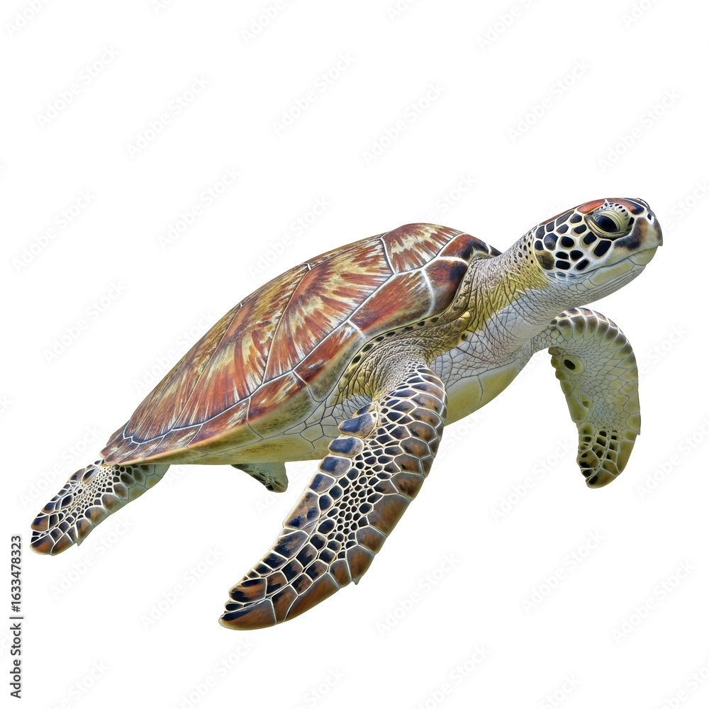 Fototapeta premium A vibrant green sea turtle swims gracefully, showcasing its intricate shell patterns and powerful flippers. Ideal for ocean conservation, wildlife, or aquatic themes.