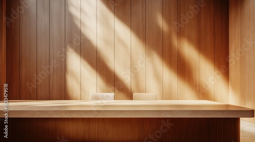 Wooden reception desk, sunlit