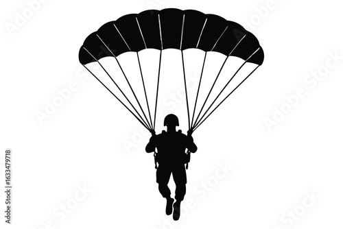 Soldier Parachuting Silhouette Military Jumper with Parachute Illustration on Isolated White Background