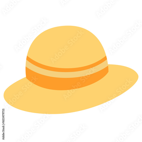 Flat illustration of a yellow beach hat with wide brim, perfect for summer, fashion accessories, and sun protection themes.