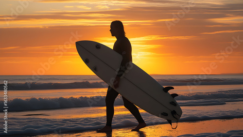Sport Equipment A surfer silhouetted against a vivid orange sky during sunset, carrying a board under one arm while walking along shoreline foam