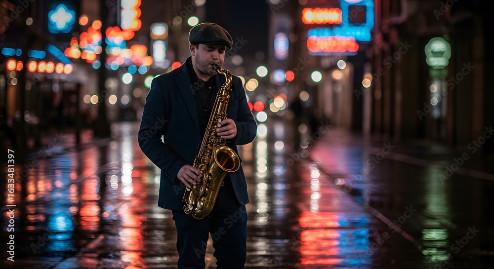 Fototapeta premium Saxophone Player on Wet City Street at Night with Neon Lights