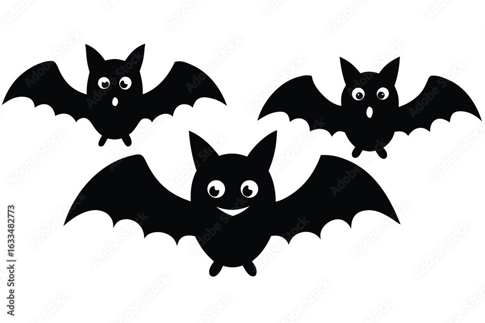 Obraz premium Three Cheerful Black Bats Cartoon Halloween Illustration On White Background Cutout Style