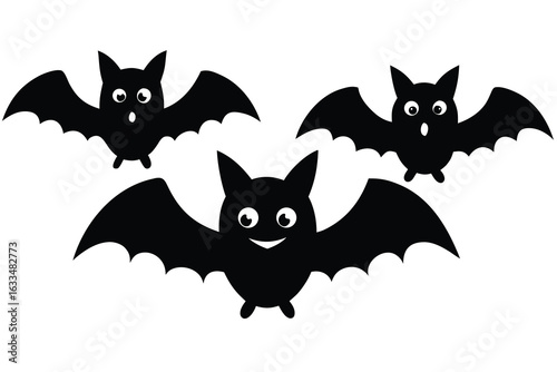Three Cheerful Black Bats Cartoon Halloween Illustration On White Background Cutout Style