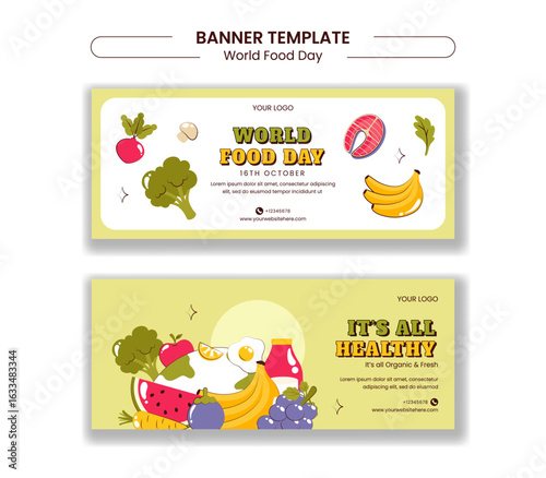 World Food Day Social Media Horizontal Banner Design Template with Flat Cartoon Style