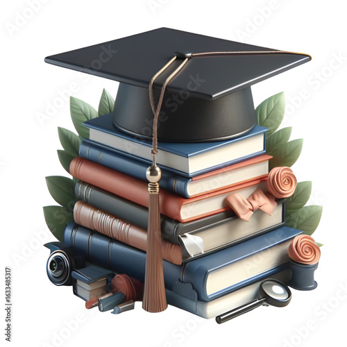 Graduation cap with books and diploma symbolizing education and academic achievement