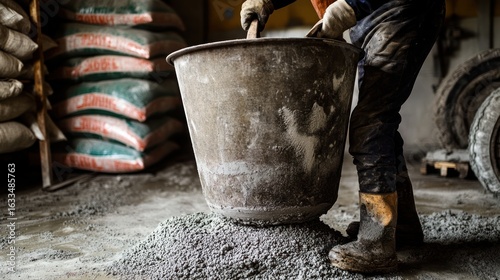 Wallpaper Mural Worker mixing concrete in a large gray metal bucket Torontodigital.ca