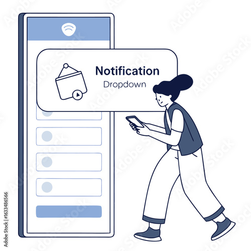 Person interacting with a smartphone displaying a notification dropdown menu with a play button on a bell icon representing digital communication and app alerts