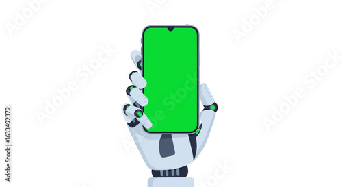 Cutting-Edge Robotic Hand Grips Modern Smartphone Featuring a Green Screen for Digital Overlay and Future Tech Applications