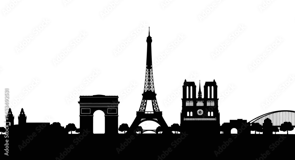 Obraz premium Elegant Vector Silhouette of Parisian Cityscape Featuring World-Renowned Landmarks Like the Iron Tower and Triumphal Arch
