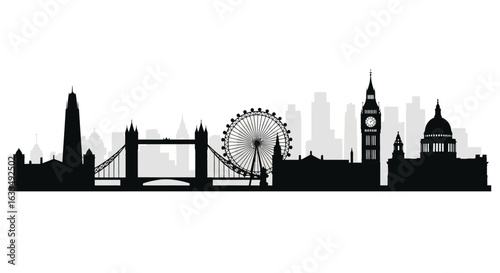 Iconic London city skyline silhouette, a vector graphic of famous English landmarks