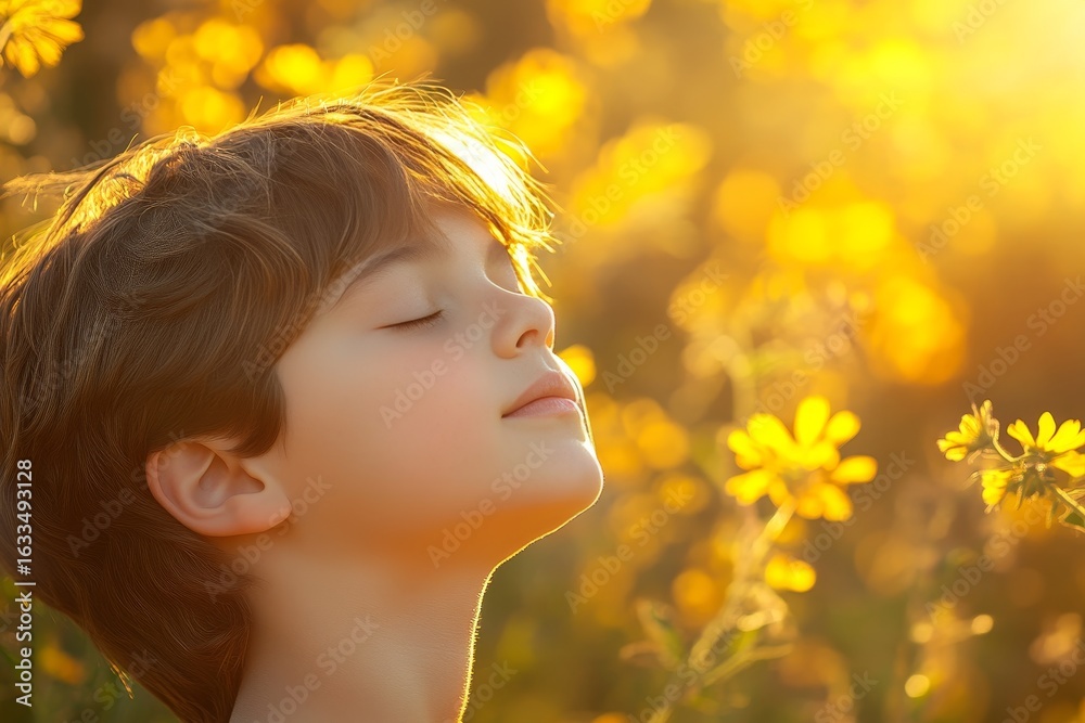 Fototapeta premium A young boy gazes serenely at a field of flowers.