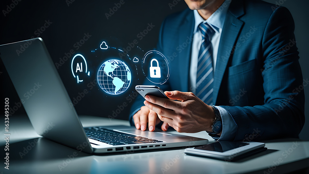 Fototapeta premium Businessman using smartphone with digital security icons laptop artificial intelligence