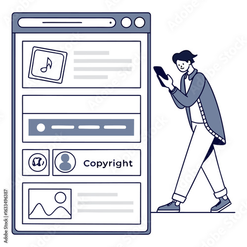 Person using smartphone near a digital interface displaying content like music text and copyright information symbolizing online interaction and digital media