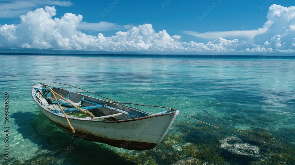 Naklejka premium A weathered rowboat floats in crystal-clear turquoise water, surrounded by marine life. Fluffy white clouds drift across a vibrant blue sky