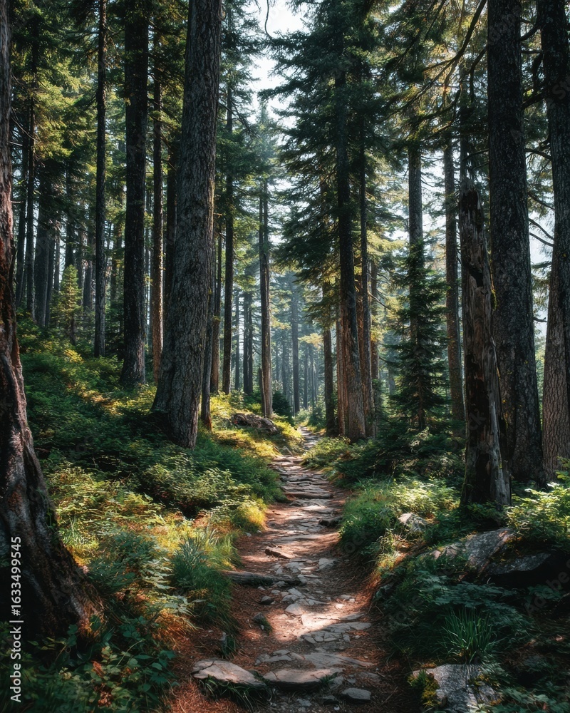 Naklejka premium Premium Authentic Forest Path in Sunlit Pine Woods Modern Nature Landscape for Wellness, Outdoor Lifestyle, and Eco-Friendly Marketing Content