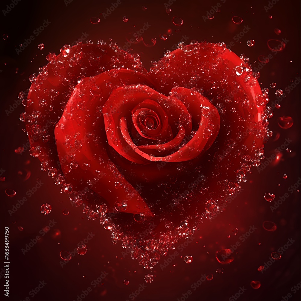Naklejka premium Red rose in heart shape with water drops for valentines day concept