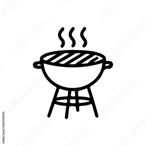 Simple black line icon of a barbecue grill with smoke. Perfect for picnic, summer party, outdoor cooking, and camping themes. Isolated vector illustration on white background.