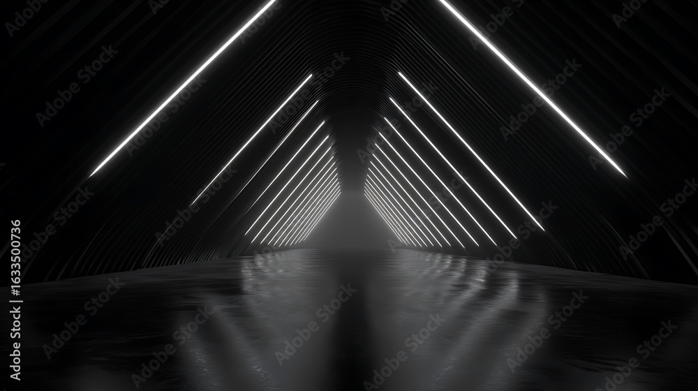 Obraz premium Dark tunnel with white neon lights and reflective floor black
