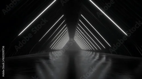 Obraz Dark tunnel with white neon lights and reflective floor black
