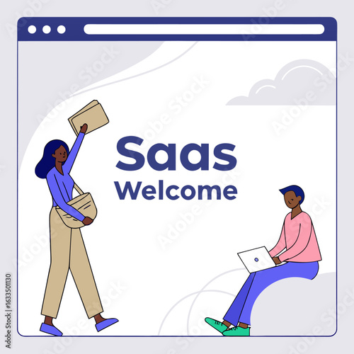 Welcome to saas a modern digital illustration of two people engaging with technology and software services