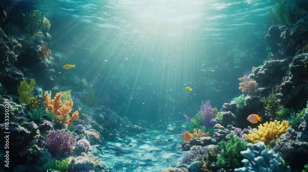Fototapeta premium Underwater coral reef scene. Sunlight streams through the water, illuminating vibrant coral formations and colorful fish
