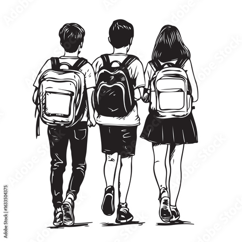 Three School Kids Walking to School Seen from Behind Vector Illustration on white background
