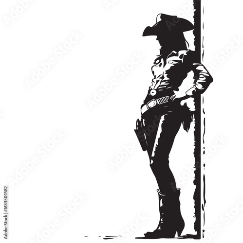 Cool Female Cowboy Silhouette Leaning Against Wall Stylish Western Vector Illustration