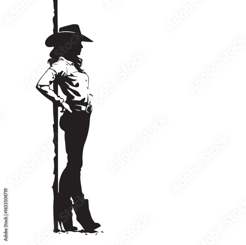 Cool Female Cowboy Silhouette Leaning Against Wall Stylish Western Vector Illustration
