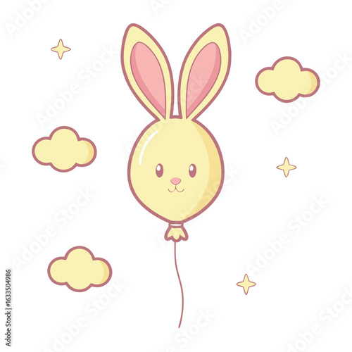 Vector art of cute bunny balloon floating with clouds and stars isolated on white background