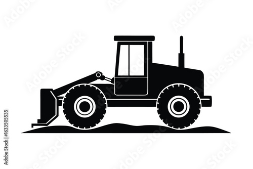 Black and White Illustration of a Construction Front Loader with Bucket on Dirt Mound