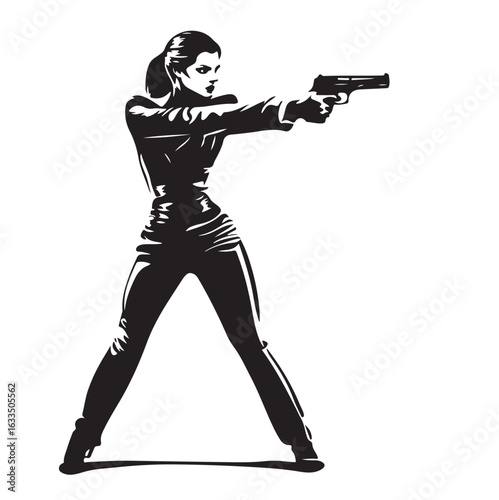 Strong Woman Silhouette Aiming Gun Wearing Iconic Outfit Powerful Female Vector Art
