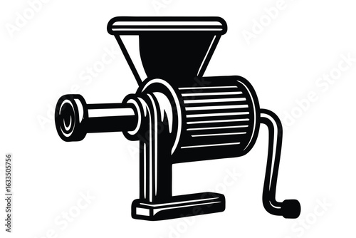 Black and White Illustration of a Manual Meat Grinder Machine Design
