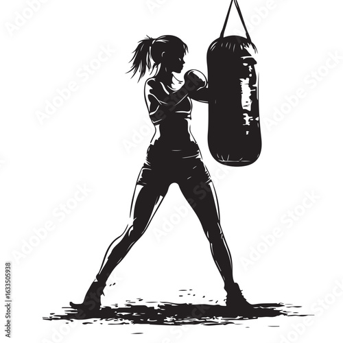 Female Boxer Silhouette Training with Punching Bag in Gym Workout Vector Art