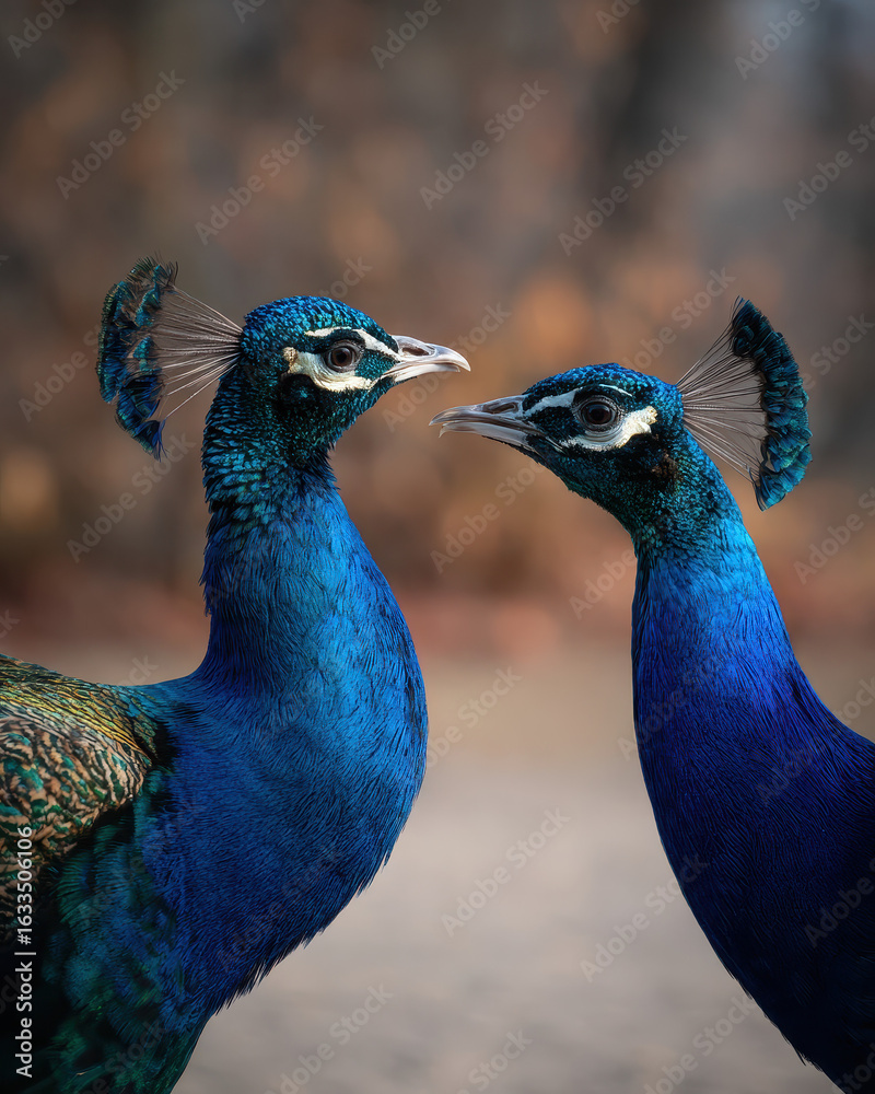 Fototapeta premium Two Peacocks Interacting Soft Lighting Clean Backg