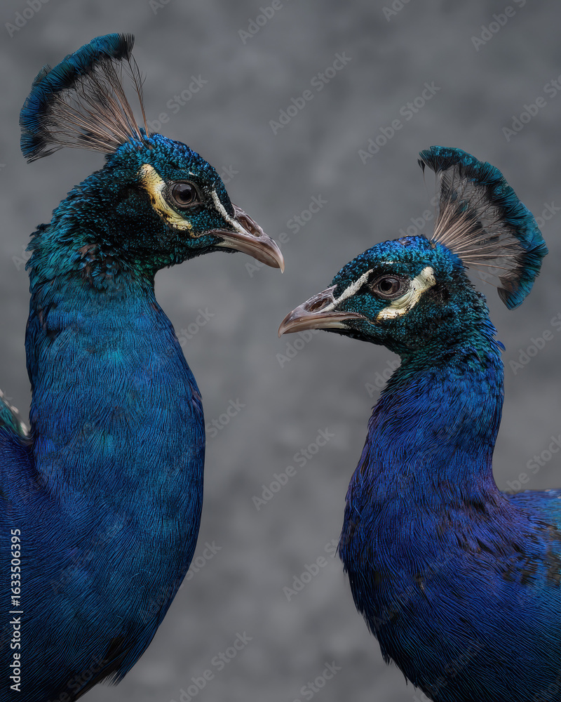 Obraz premium Two Peacocks Interacting Soft Lighting Clean Backg